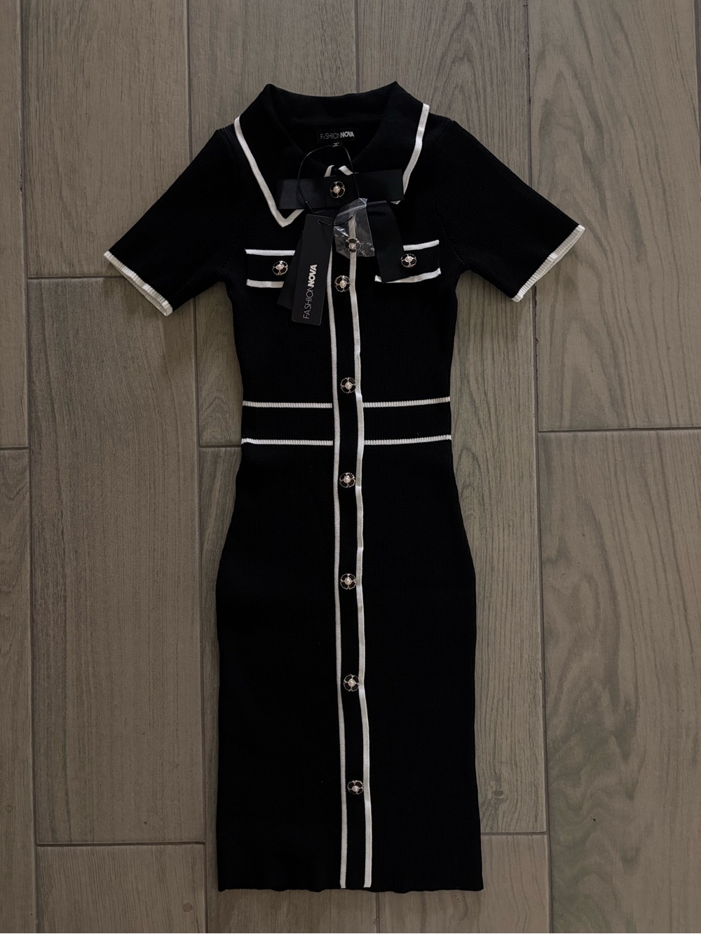 Fashion Nova Black Knit Mini Dress with White Trim